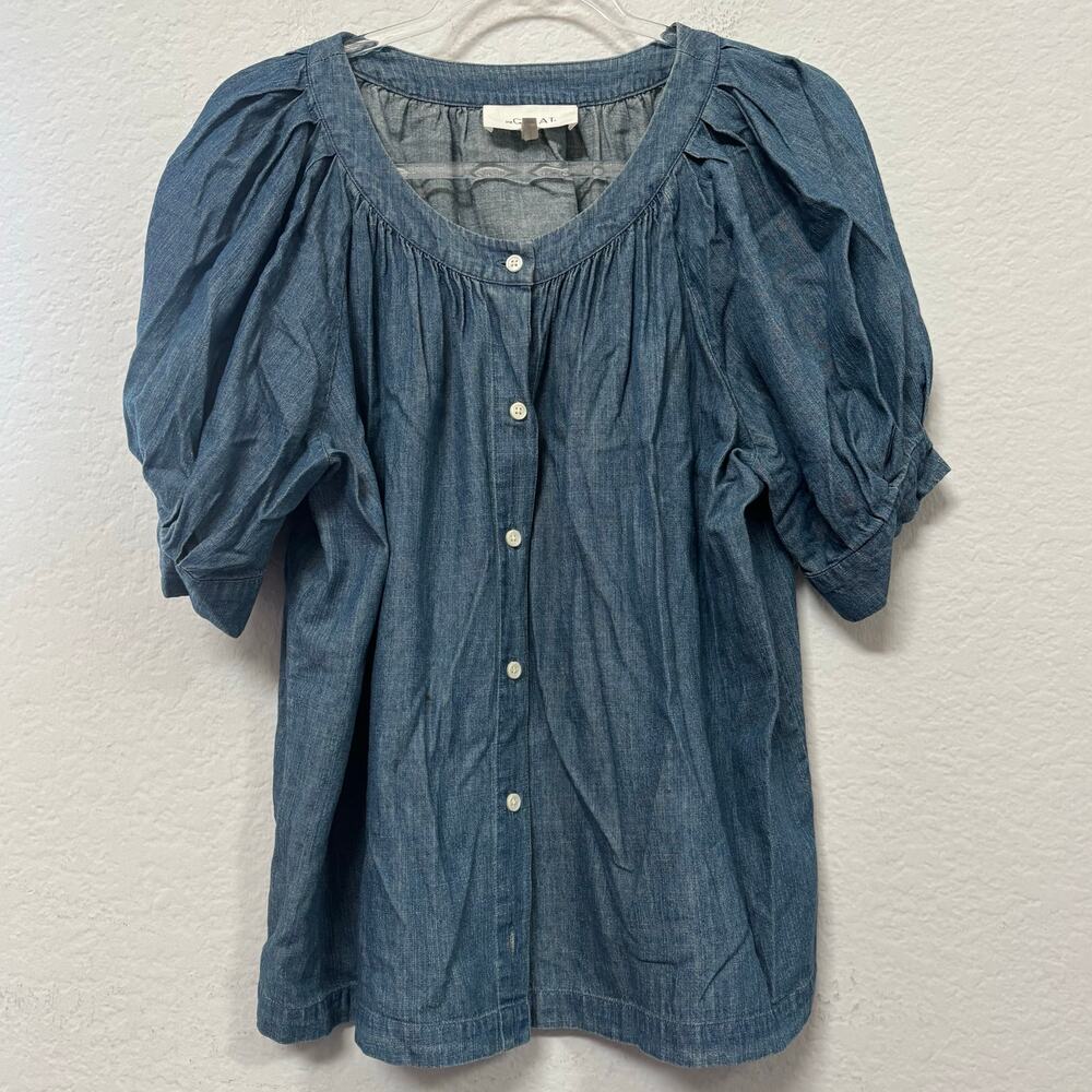 The Great Puff Sleeve Button Up Top Blouse Blue Chambray Size 2 - Picture 2 of 6